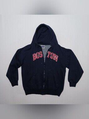 Vintage Authentic Life Apparel Mens Fleece Hoodie Boston Large Navy Blue Zip Up